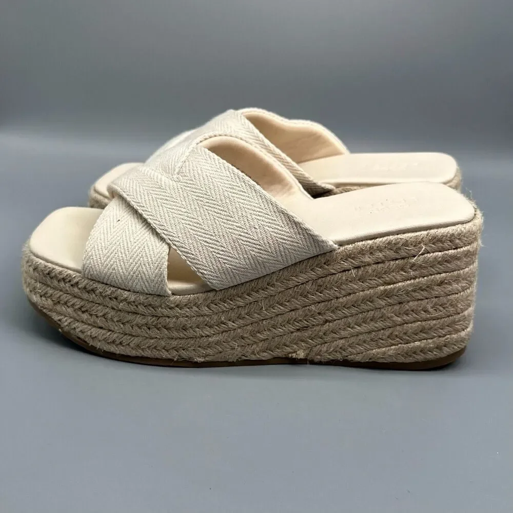 ASOS Design Wide Fit Teddy 2 Women's 8 Beige Wedge Slide Cross Slip-On Peep Toe